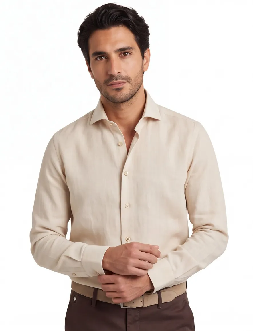 Overhemd Ledub Modern Fit beige katoen