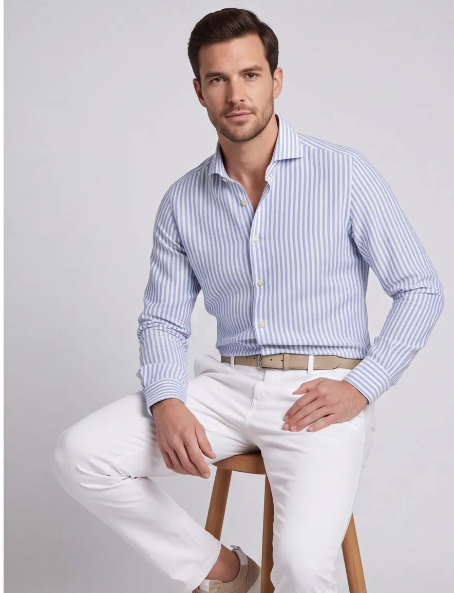 Overhemd Ledub Modern Fit lichtblauw wit gestreept