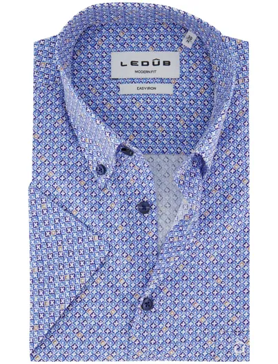 Ledub Blauw geprint overhemd Ledub Modern Fit katoen