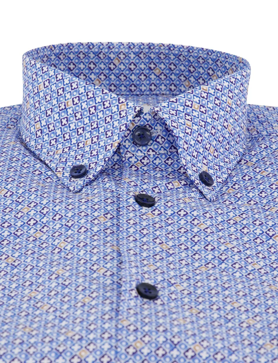 Overhemd Ledub Modern Fit blauw geprint katoen