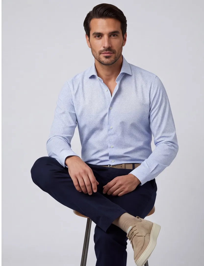 Lichtblauw geprint mouwlengte 7 John Miller Tailored Fit overhemd