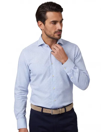 John Miller Lichtblauw geprint mouwlengte 7 John Miller Tailored Fit overhemd