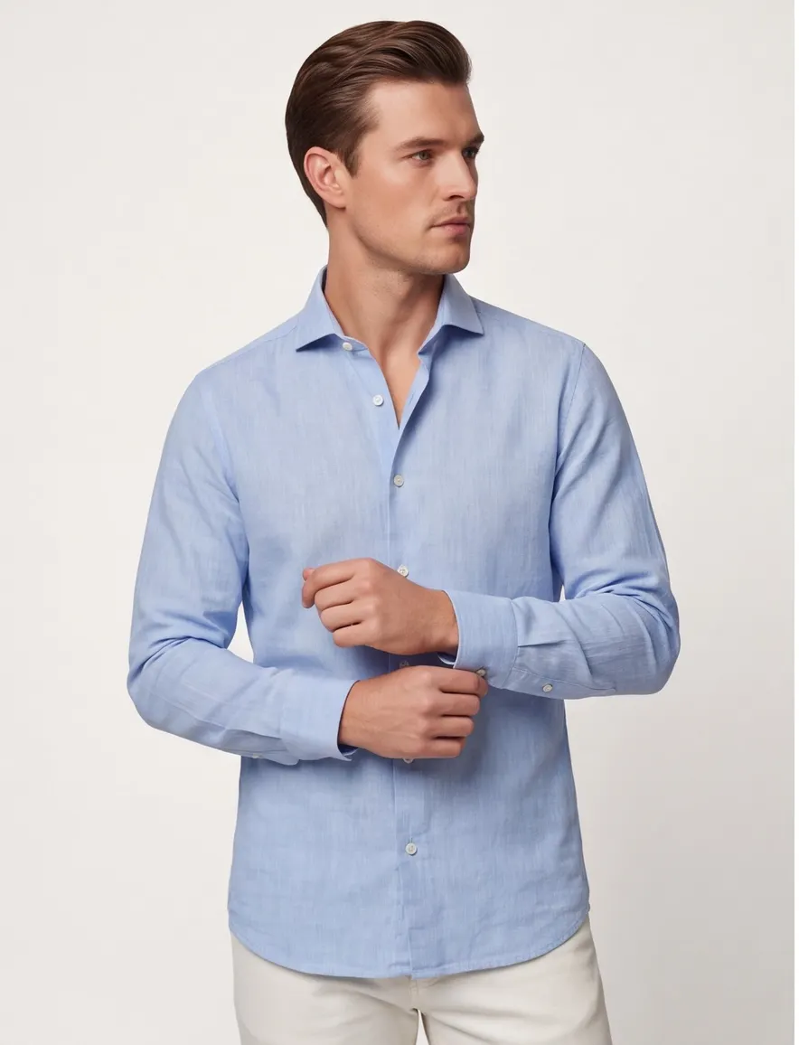 Overhemden John Miller Slim Fit lichtblauw linnen