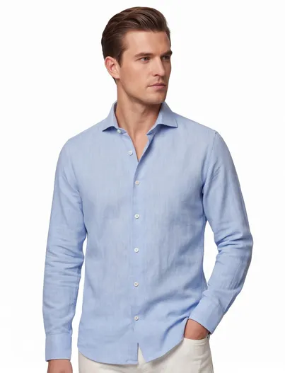 John Miller Overhemden John Miller Slim Fit lichtblauw linnen