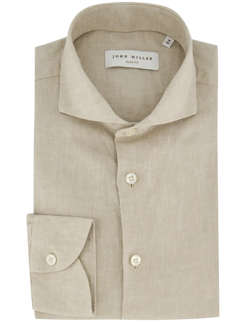 Overhemd John Miller beige linnen slim fit extra lange mouw