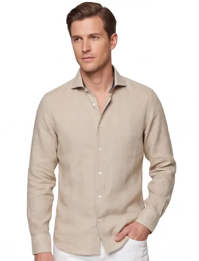 John Miller Overhemd John Miller beige linnen slim fit extra lange mouw