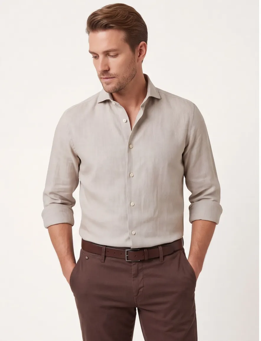 Overhemd John Miller Tailored Fit mouwlengte 7 beige katoen