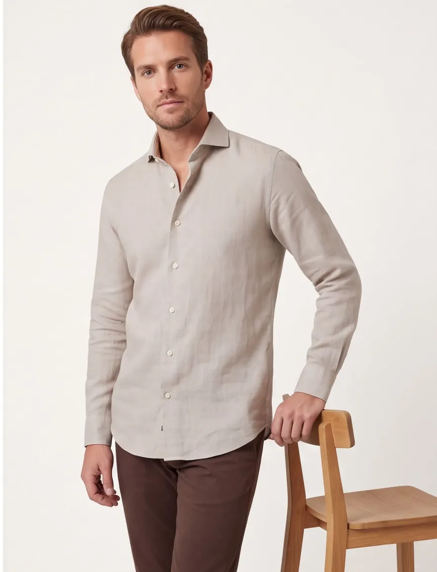 Overhemd John Miller Tailored Fit mouwlengte 7 beige katoen