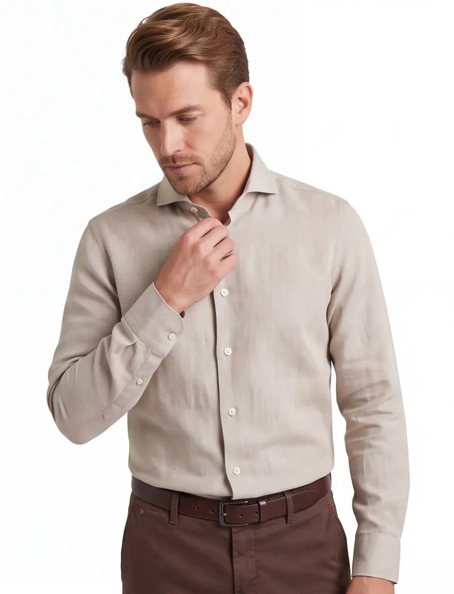 Overhemd John Miller Tailored Fit mouwlengte 7 beige katoen