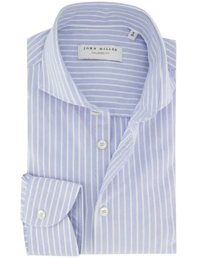 John Miller Overhemd John Miller Tailored Fit blauw wit gestreept mouwlengte 7