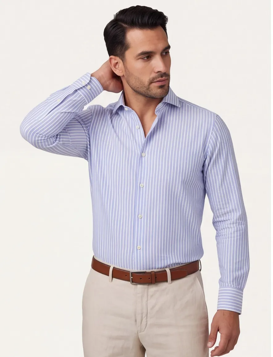 Overhemd John Miller Tailored Fit lichtblauw gestreept mouwlengte 7