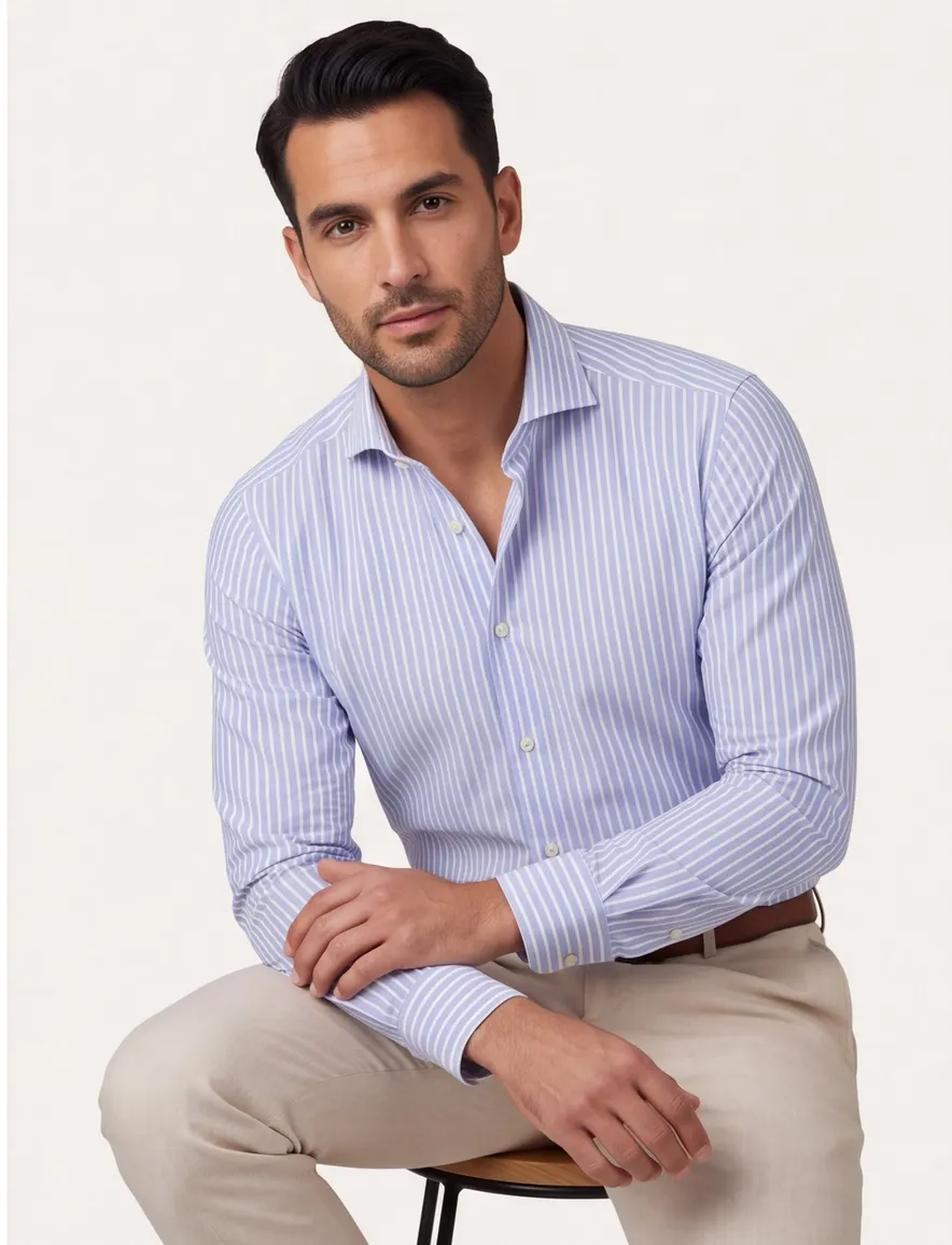 Overhemd John Miller Tailored Fit lichtblauw gestreept mouwlengte 7