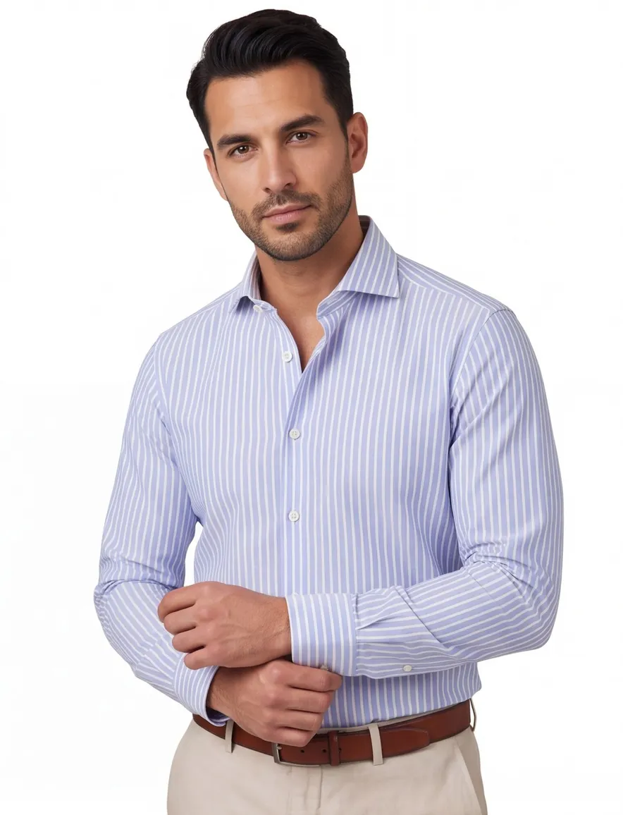 Overhemd John Miller Tailored Fit lichtblauw gestreept mouwlengte 7