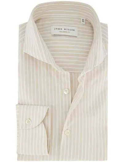 John Miller Overhemd John Miller Tailored Fit beige wit gestreept mouwlengte 7