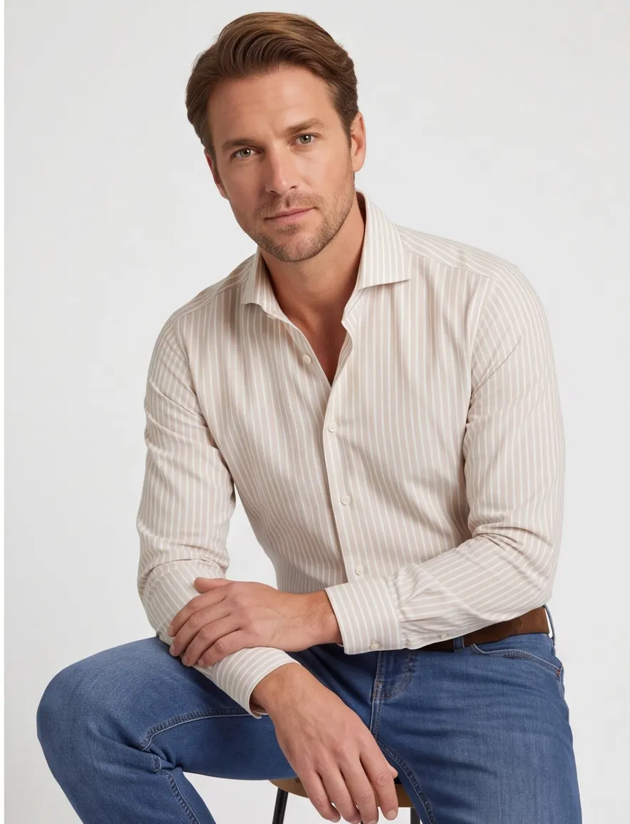 Overhemd John Miller Tailored Fit creme wit gestreept mouwlengte 7