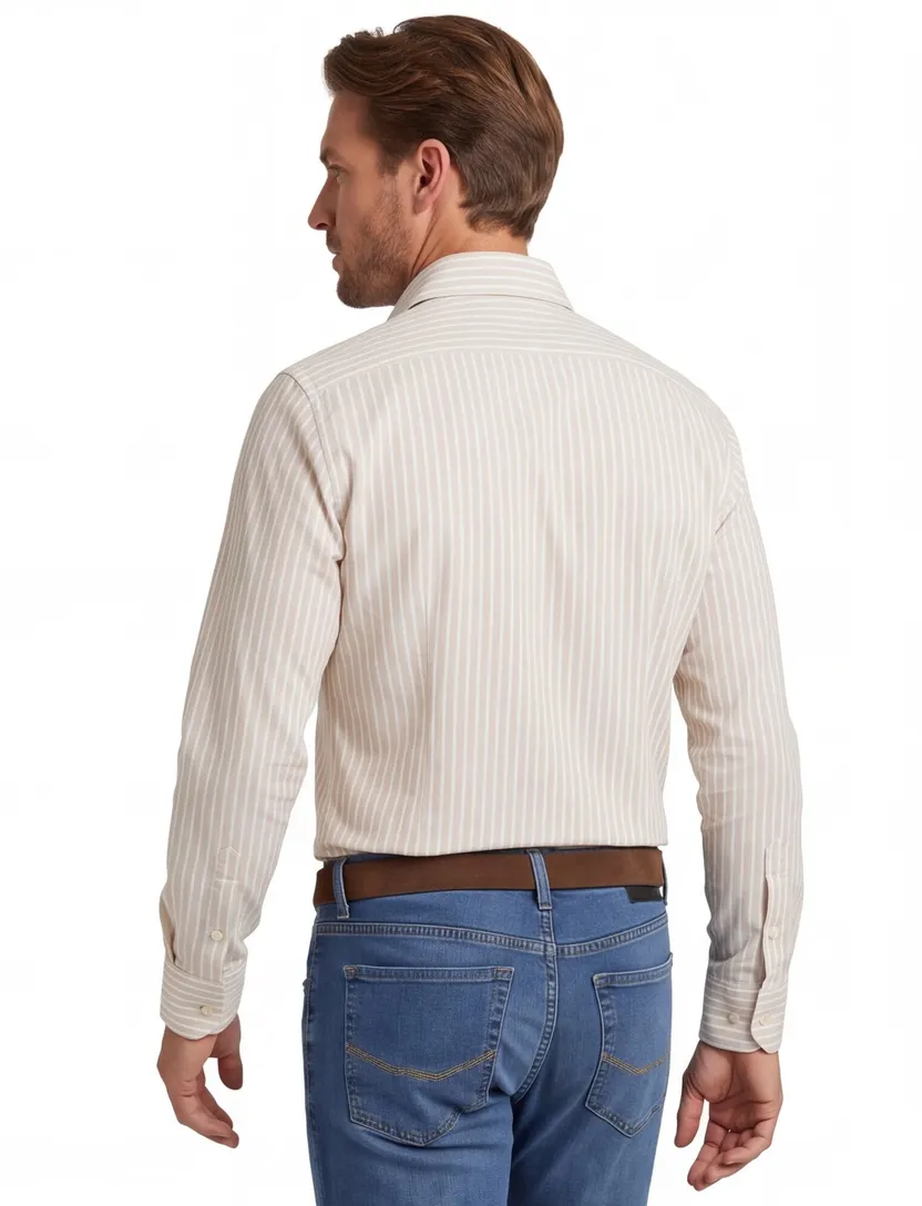 Creme wit gestreept mouwlengte 7 John Miller Tailored Fit overhemd