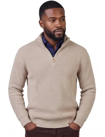 Paul & Shark Paul & Shark half zip trui beige grof gebreid