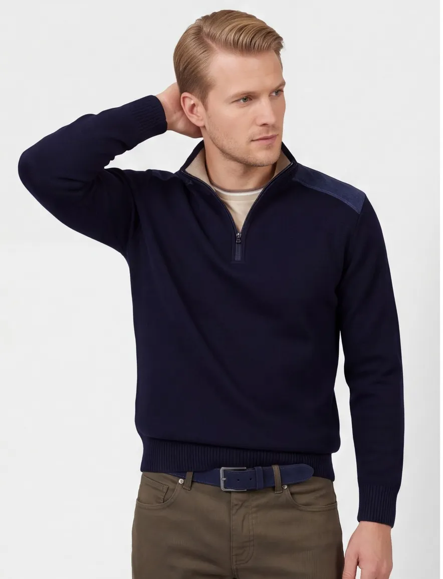 Paul & Shark half zip trui donkerblauw corduroy schouders