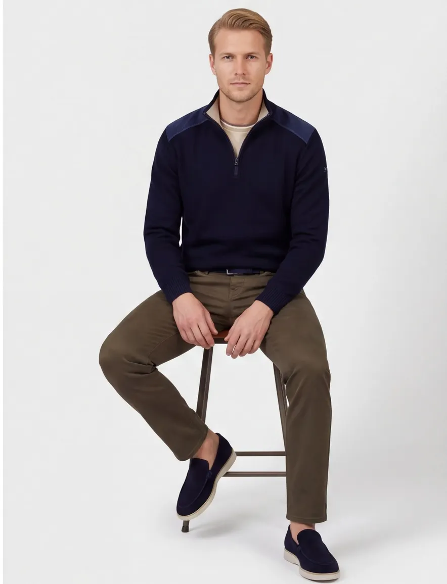 Paul & Shark half zip trui donkerblauw corduroy schouders