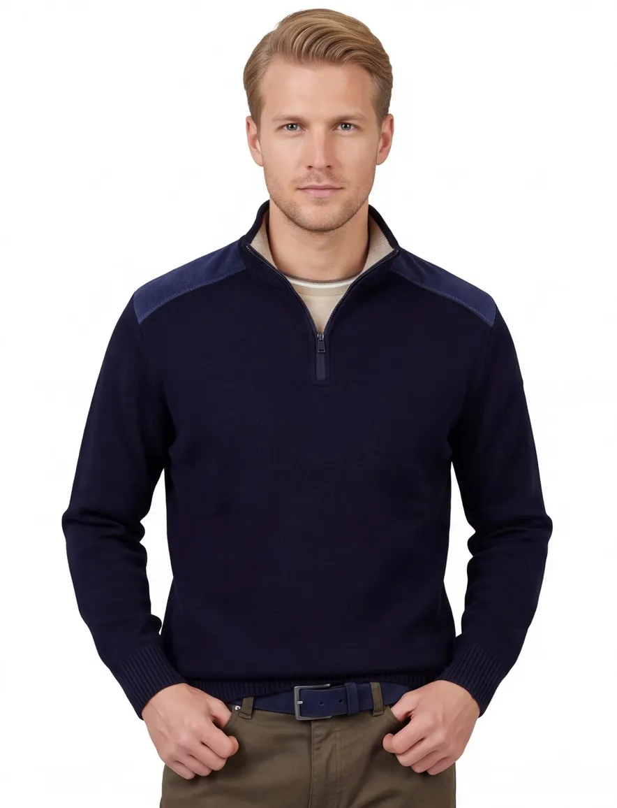 Paul & Shark half zip trui donkerblauw corduroy schouders