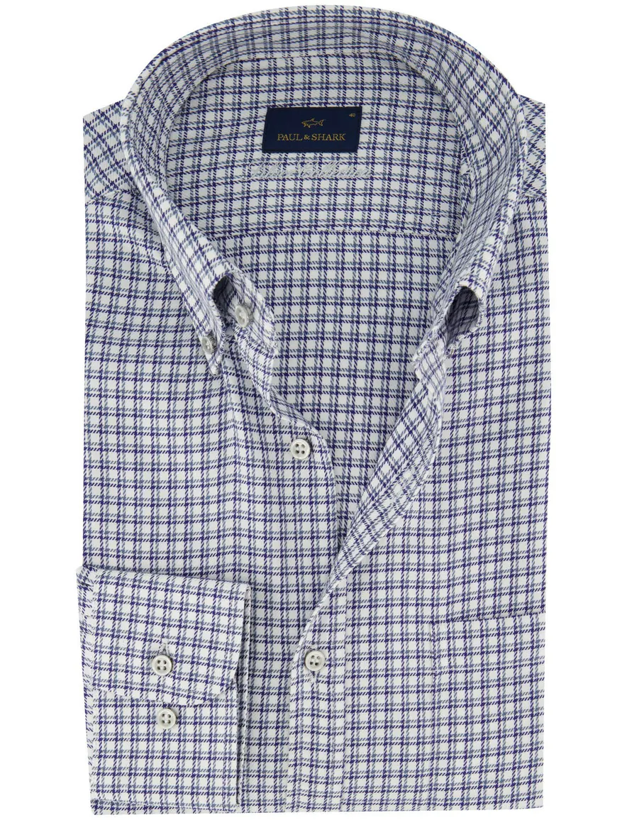 Paul & Shark wit overhemd met donkerblauw ruitpatroon