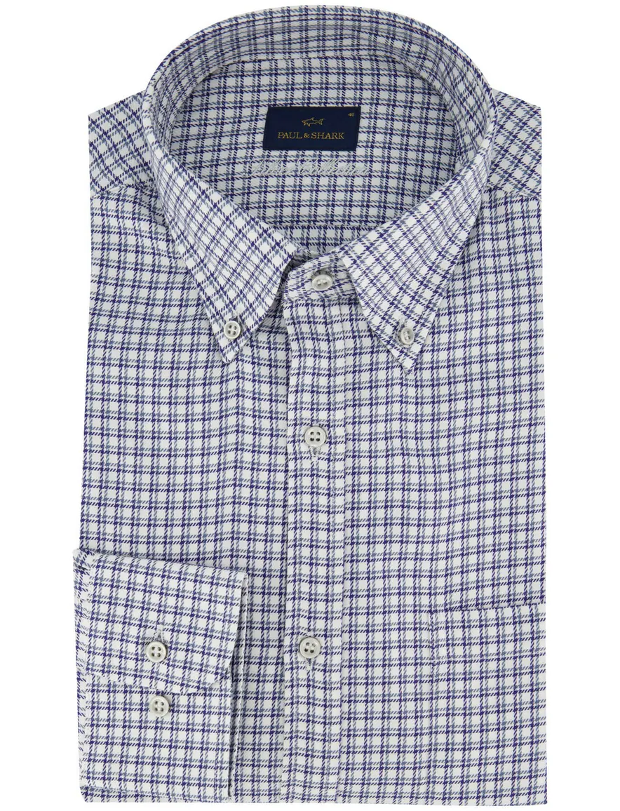 Paul & Shark wit overhemd met donkerblauw ruitpatroon