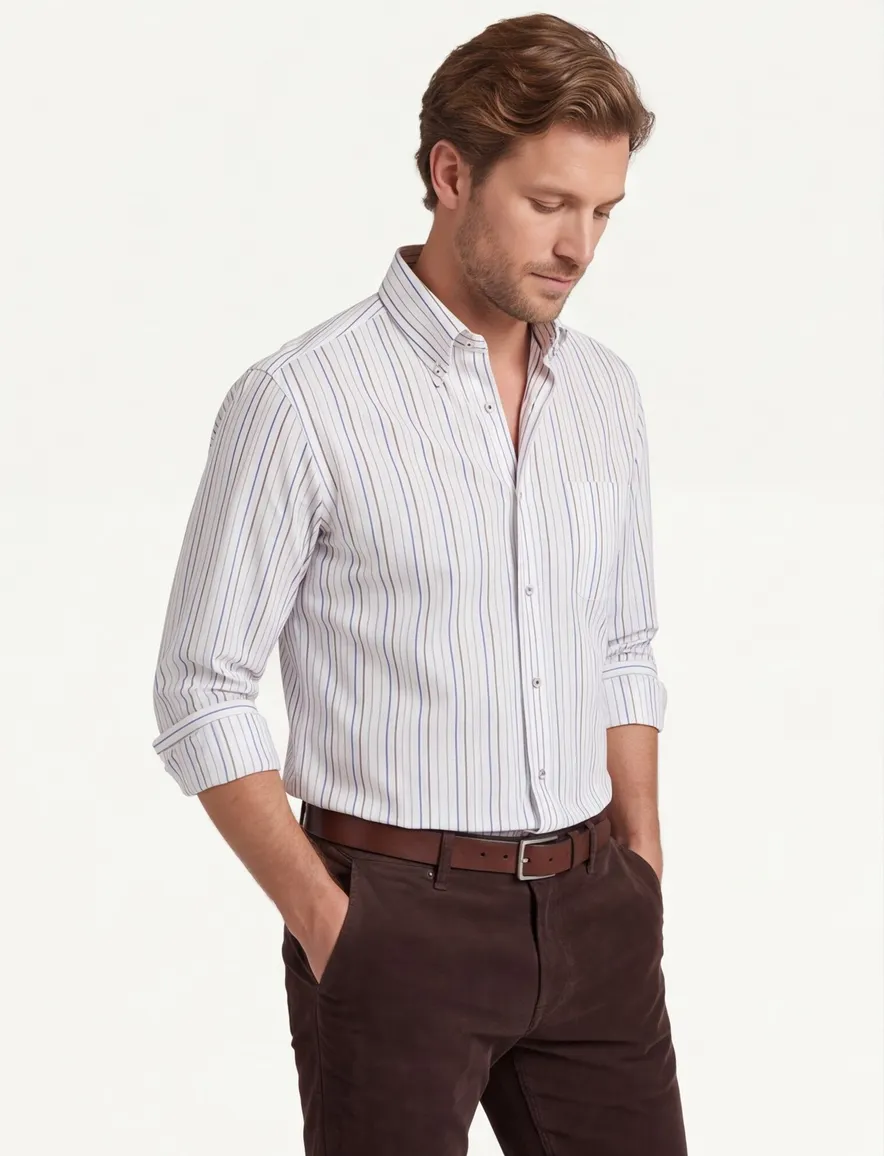 Paul & Shark wit overhemd met blauwe, bruine en beige strepen