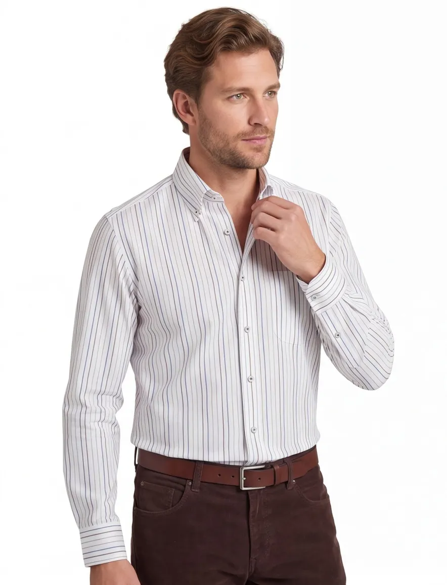 Paul & Shark wit overhemd met blauwe, bruine en beige strepen