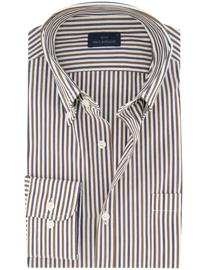 Paul & Shark Paul & Shark wit overhemd met strepen donkerblauw en bruin