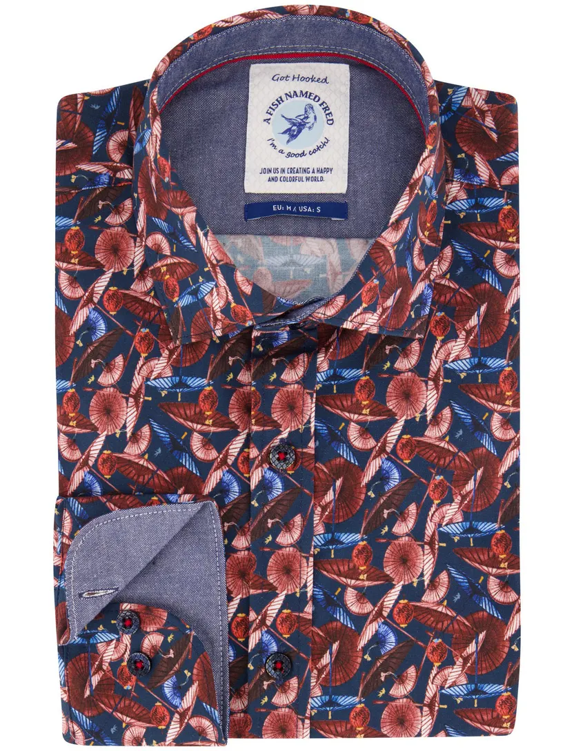 Overhemd A Fish Named Fred donkerblauw geprint stretch