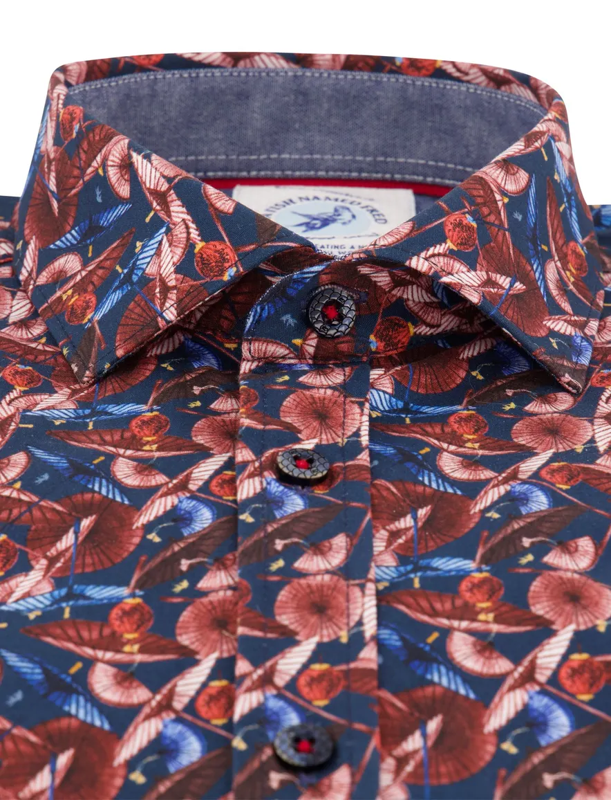 A Fish Named Fred overhemd donkerblauw geprint stretch