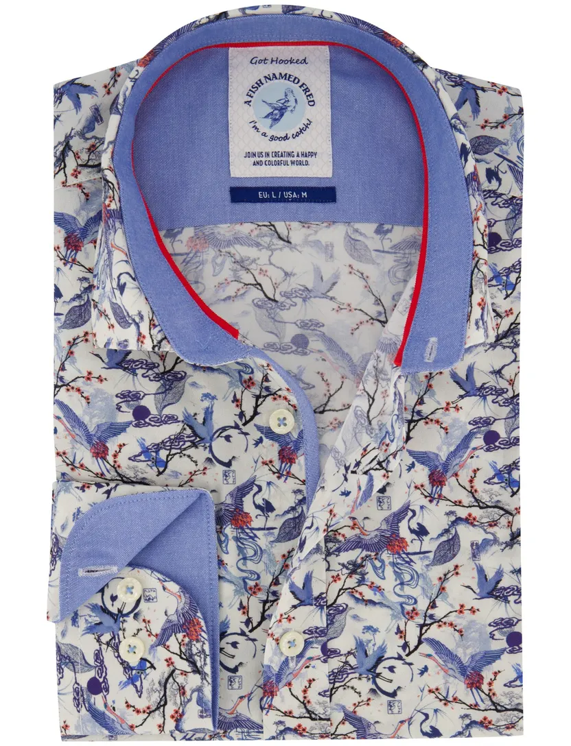 Overhemd A Fish Named Fred blauw geprint stretch