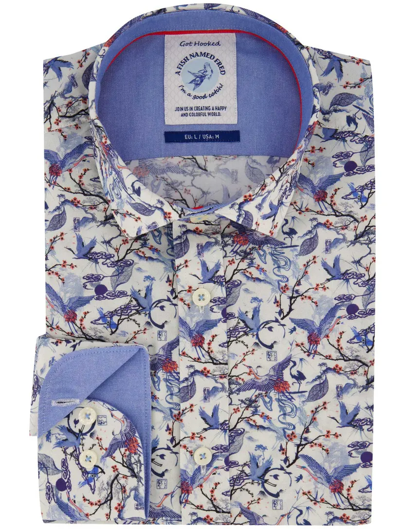 Overhemd A Fish Named Fred blauw geprint stretch