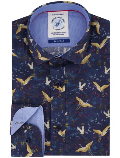 A Fish Named Fred A Fish Named Fred overhemd donkerblauw geprint vogels