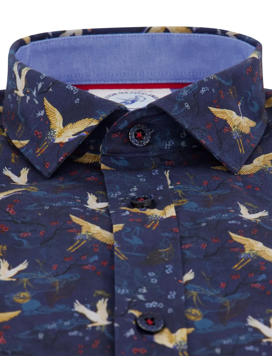 A Fish Named Fred overhemd donkerblauw geprint vogels