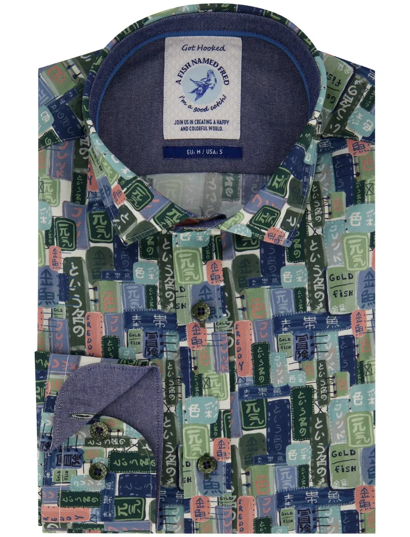 Overhemd A Fish Named Fred blauw labels print