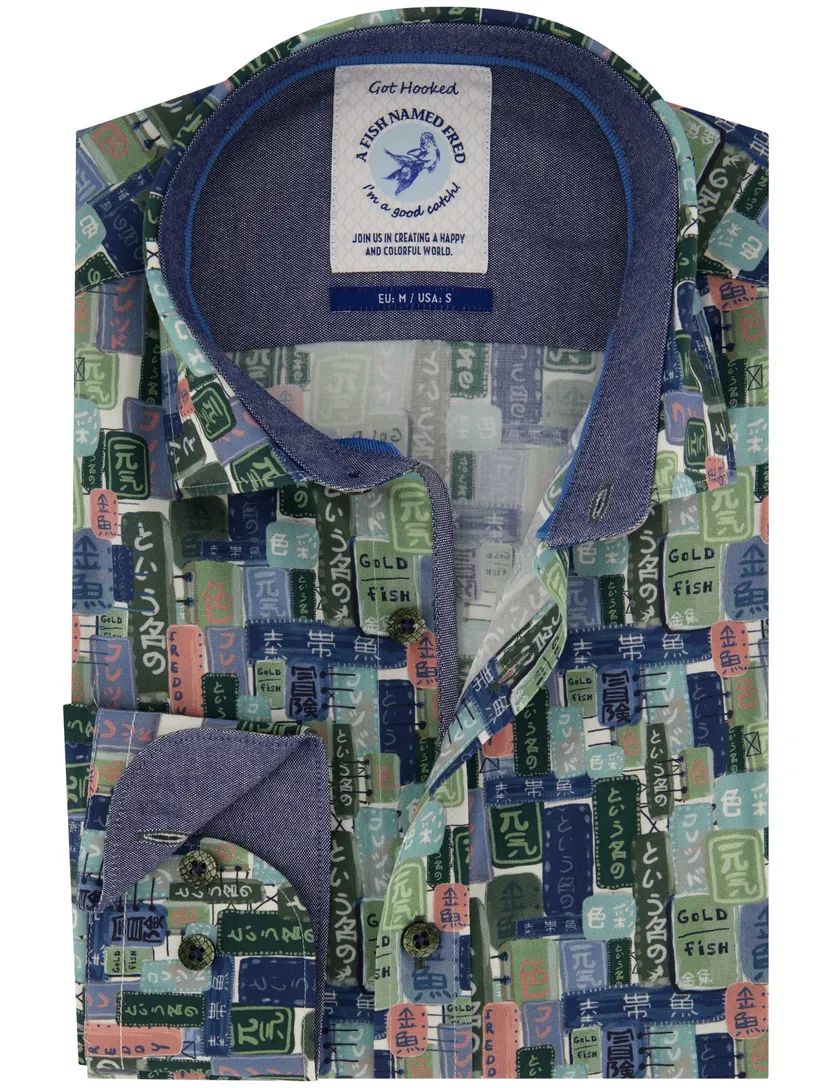 Overhemd A Fish Named Fred blauw labels print