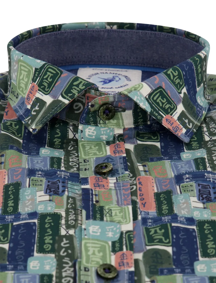Blauw overhemd A Fish Named Fred labels print