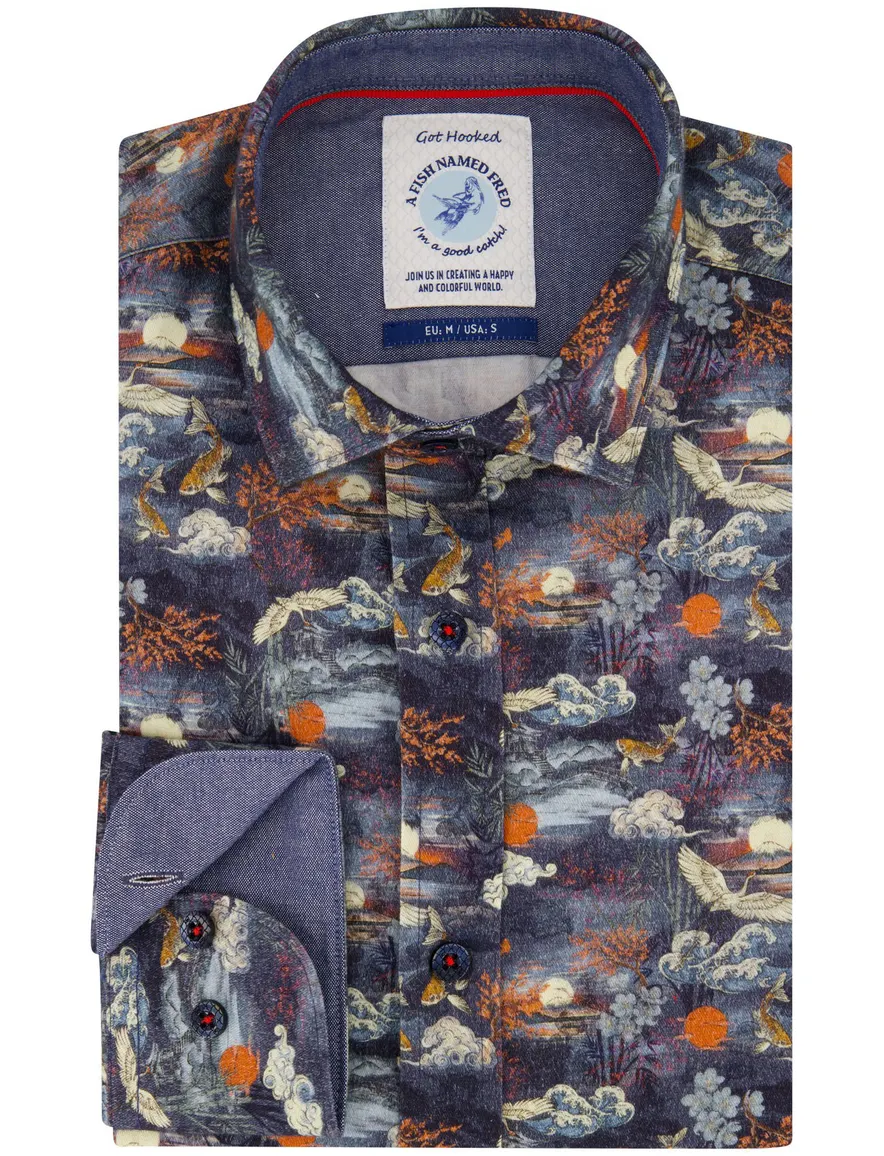 A Fish Named Fred overhemd donkerblauw geprint