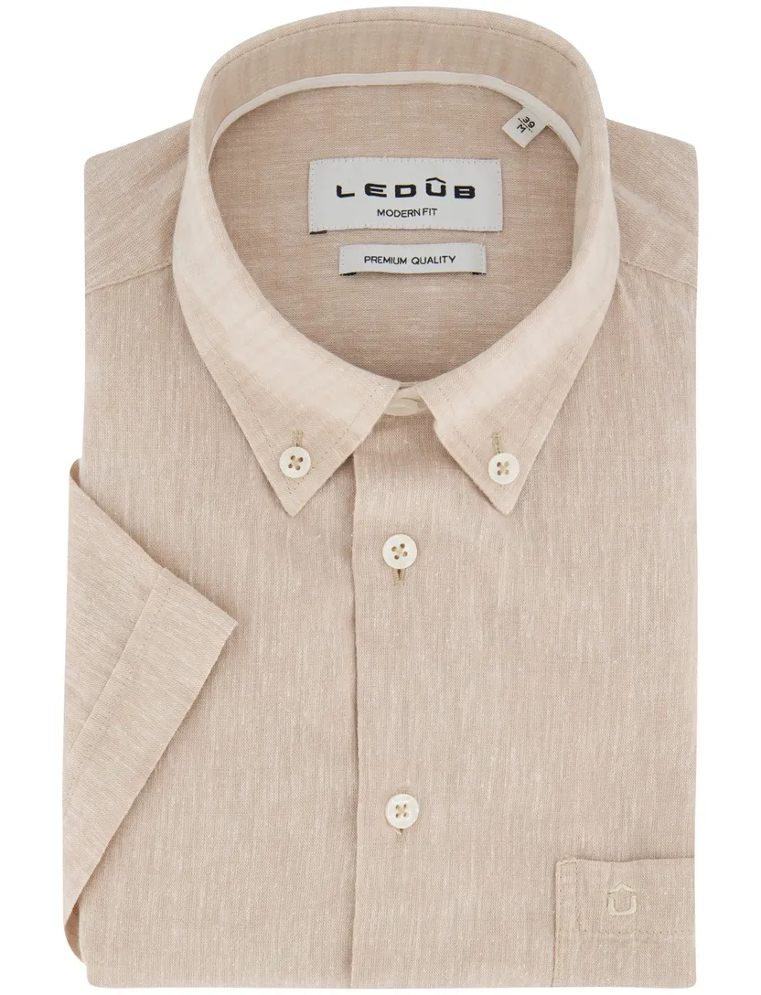 Ledub Modern Fit overhemden beige gemêleerd korte mouw