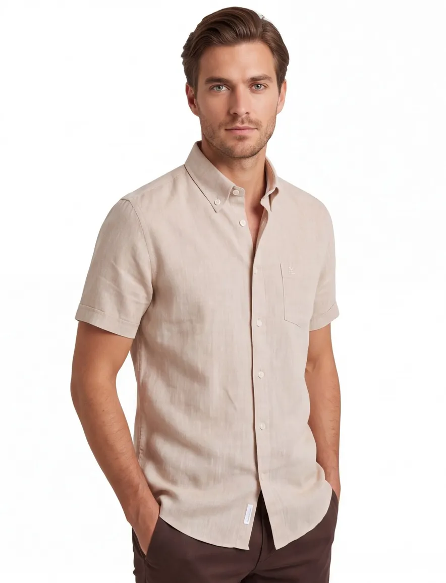Ledub Modern Fit overhemd beige gemêleerd