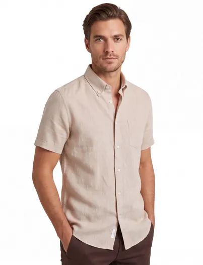 Ledub Ledub Modern Fit overhemden beige gemêleerd korte mouw