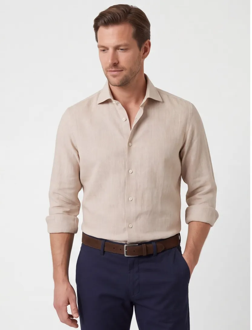 Overhemd Ledub Modern Fit beige gemêleerd
