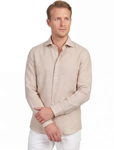 Ledub Overhemd Ledub Modern Fit beige gemêleerd mouwlengte 7