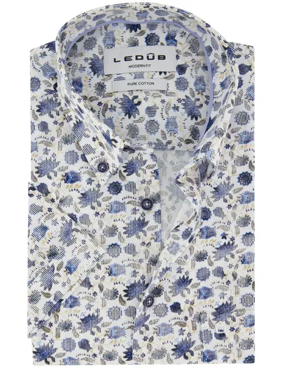 Ledub Ledub Modern Fit overhemden wit met blauwe bloemen geprint