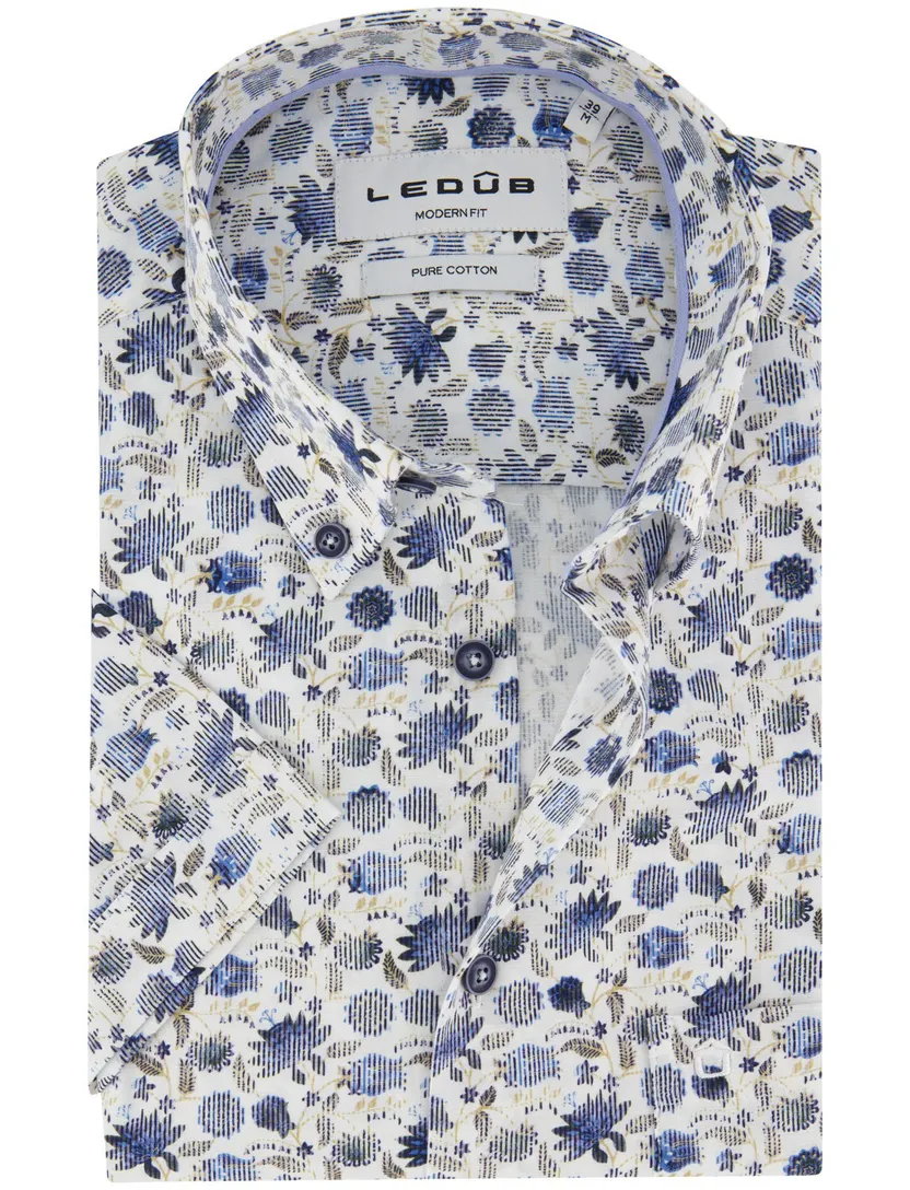 Overhemden Ledub Modern Fit wit blauwe bloemen