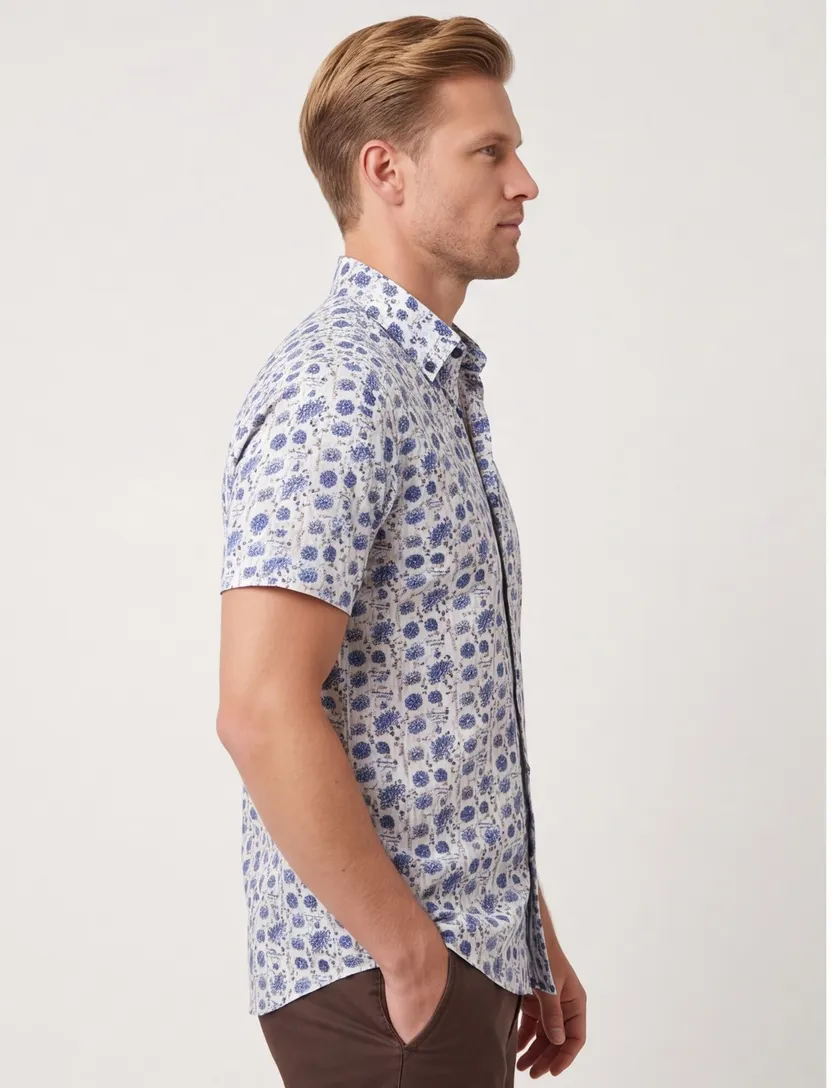Overhemden Ledub Modern Fit wit blauwe bloemen