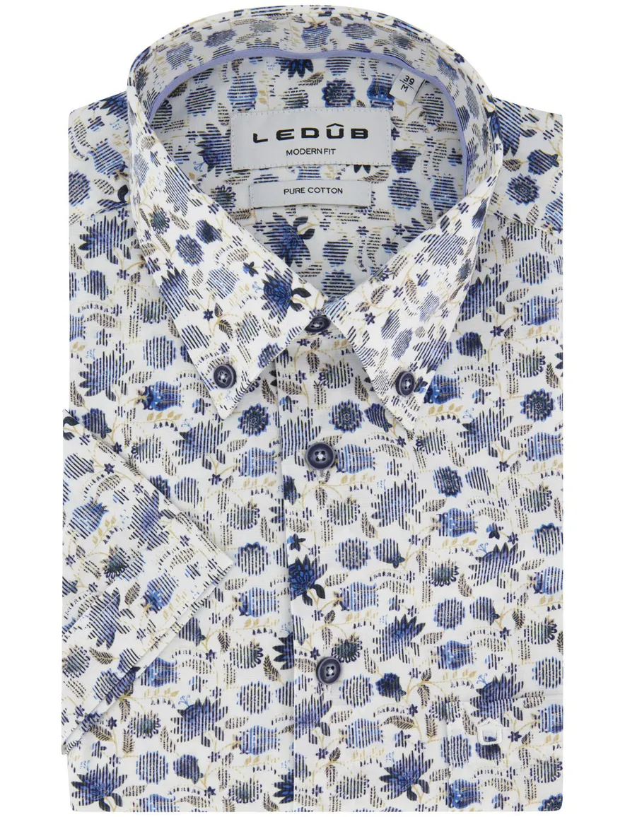 Ledub Modern Fit overhemden wit met blauwe bloemen geprint