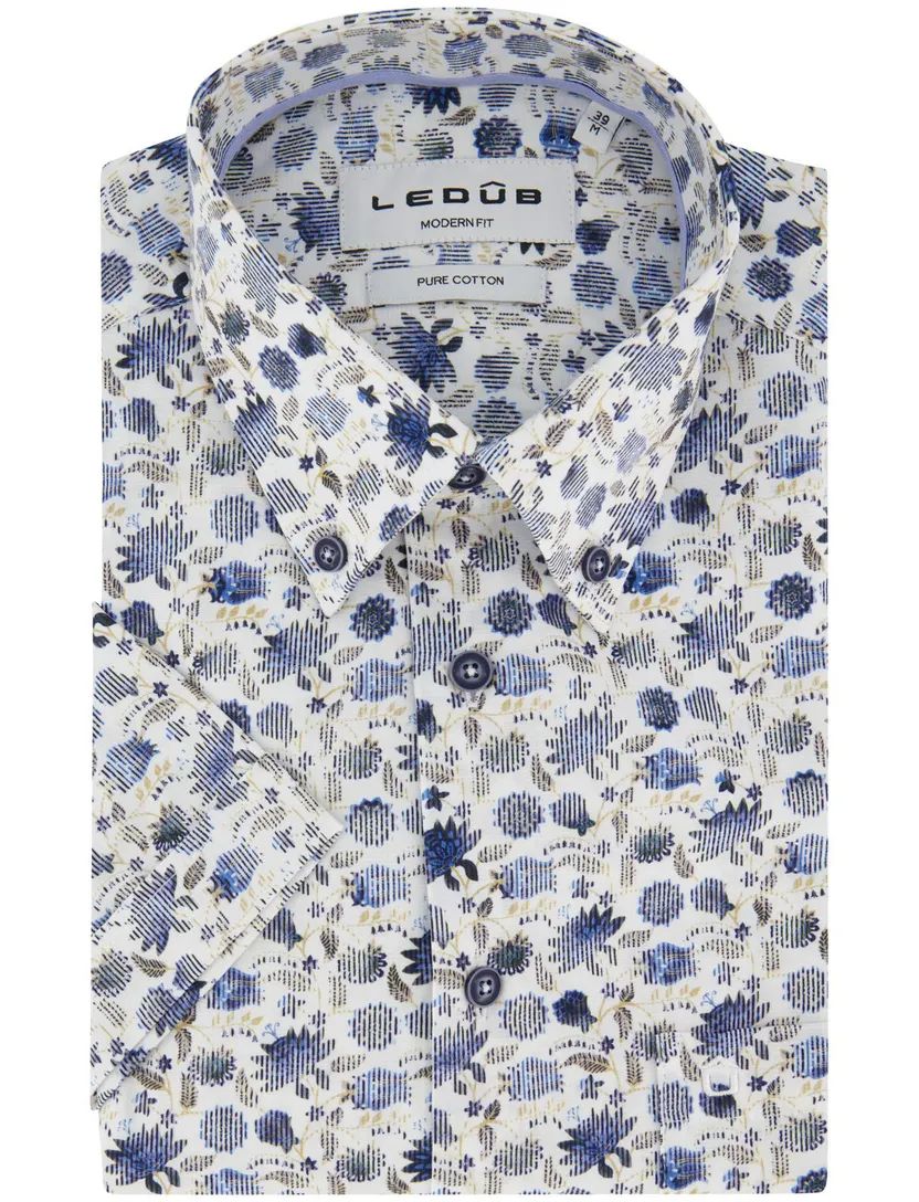 Overhemden Ledub Modern Fit wit blauwe bloemen