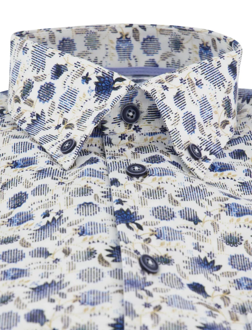 Ledub Modern Fit overhemden wit met blauwe bloemen geprint